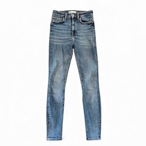 Zara 2 skinny high rise blue jeans denim mid wash whisker boho retro y2k